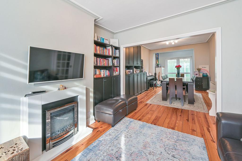 Open-plan living area, fireplace