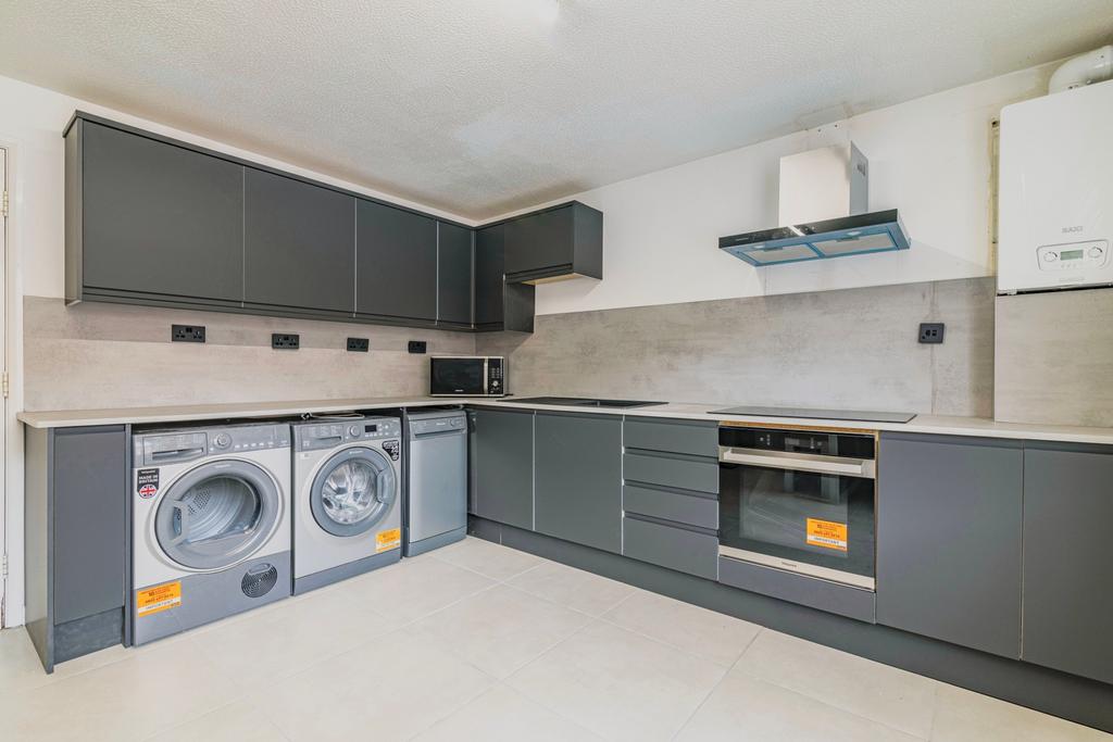 Modern kitchen featuring sleek cabinetry, ample...