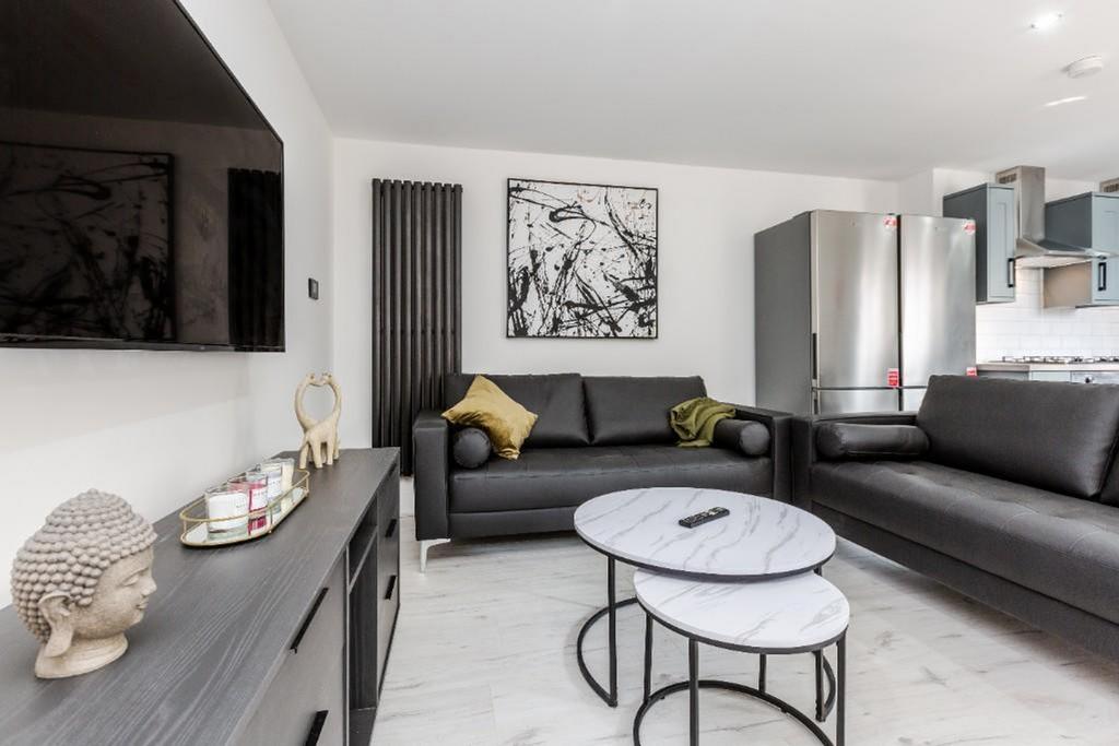 A spacious and stylish modern living room, perf...