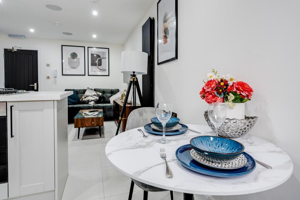 Modern kitchen space featuring a stylish dining...