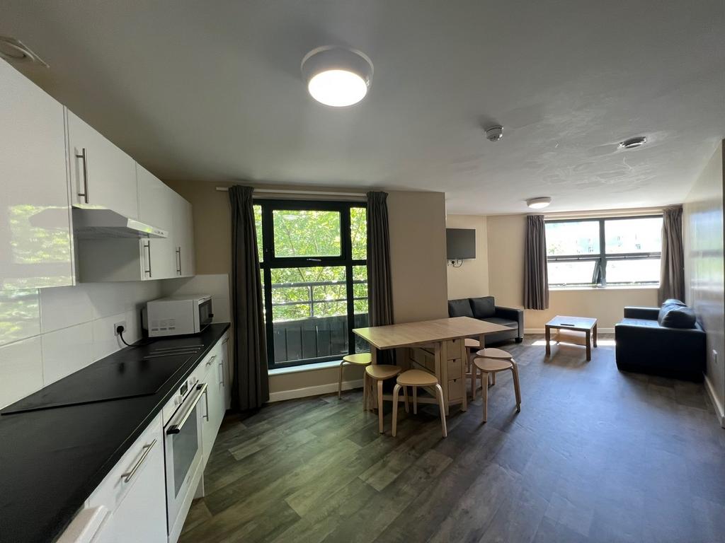 Bright open-plan living area with a fitted kitc...
