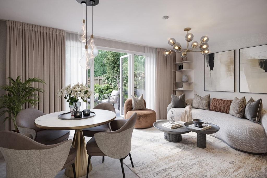 Elegant, light filled living, dining room...