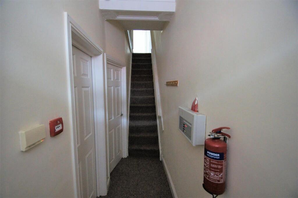 A well-maintained staircase with clean carpetin...