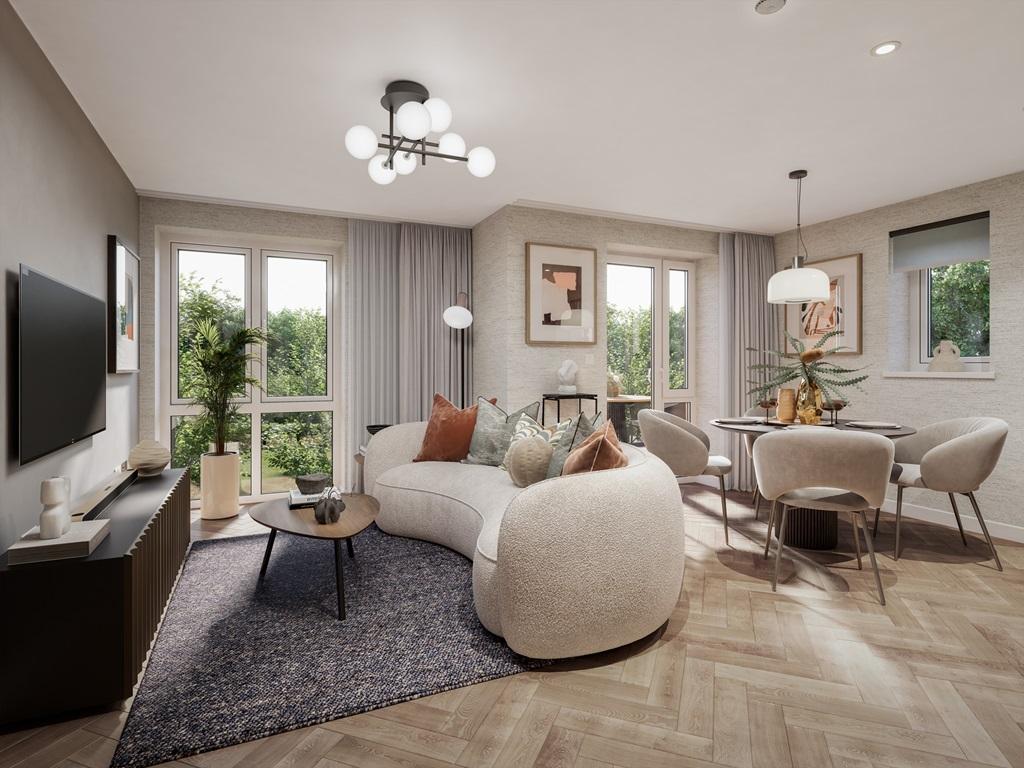 Full-height windows in the open-plan living...