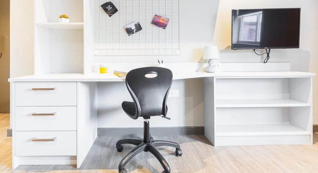 A bright and modern study area with a spacious ...