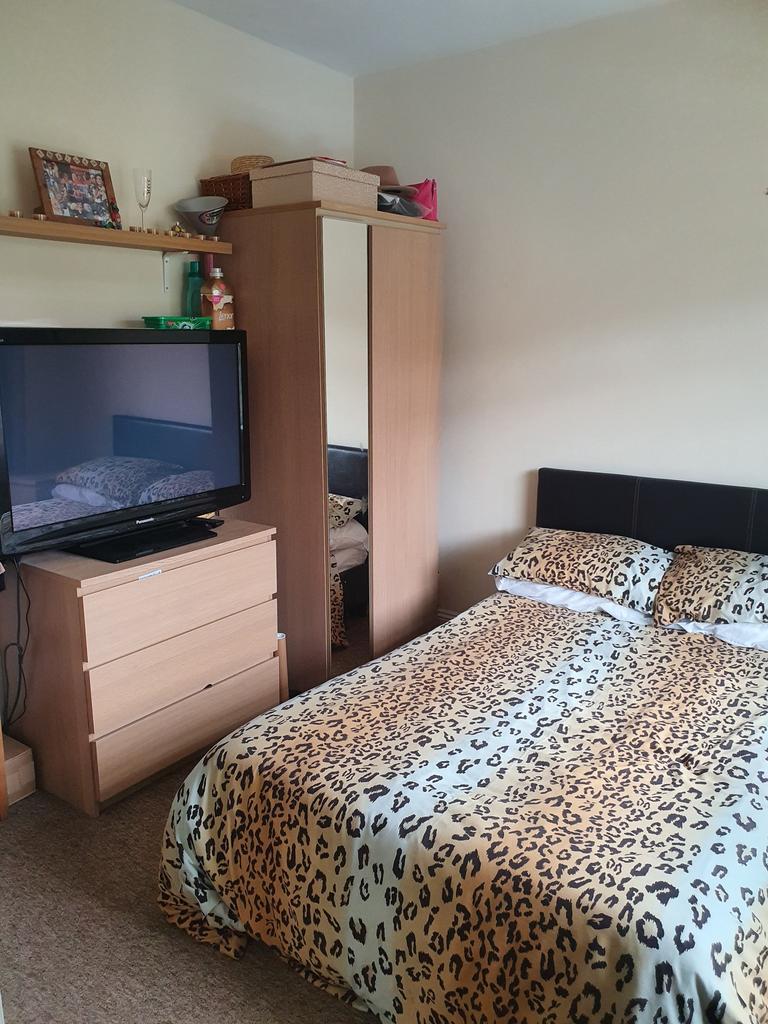 Cozy double bedroom featuring a stylish leopard...