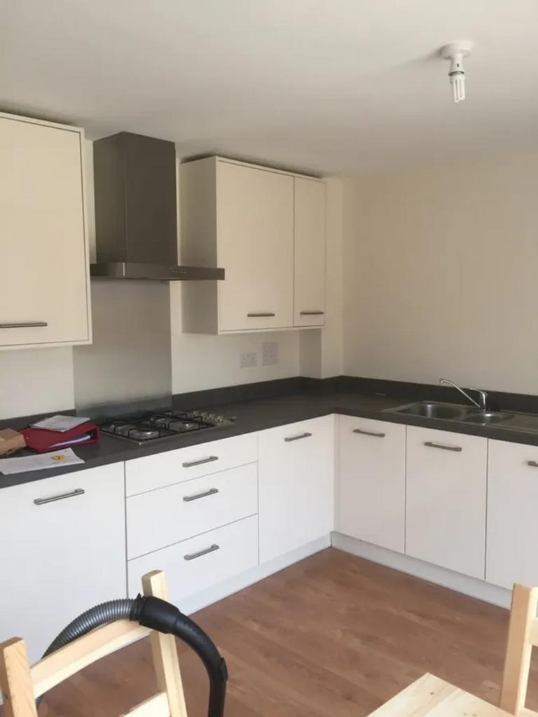 Modern kitchen featuring sleek cabinetry, ample...