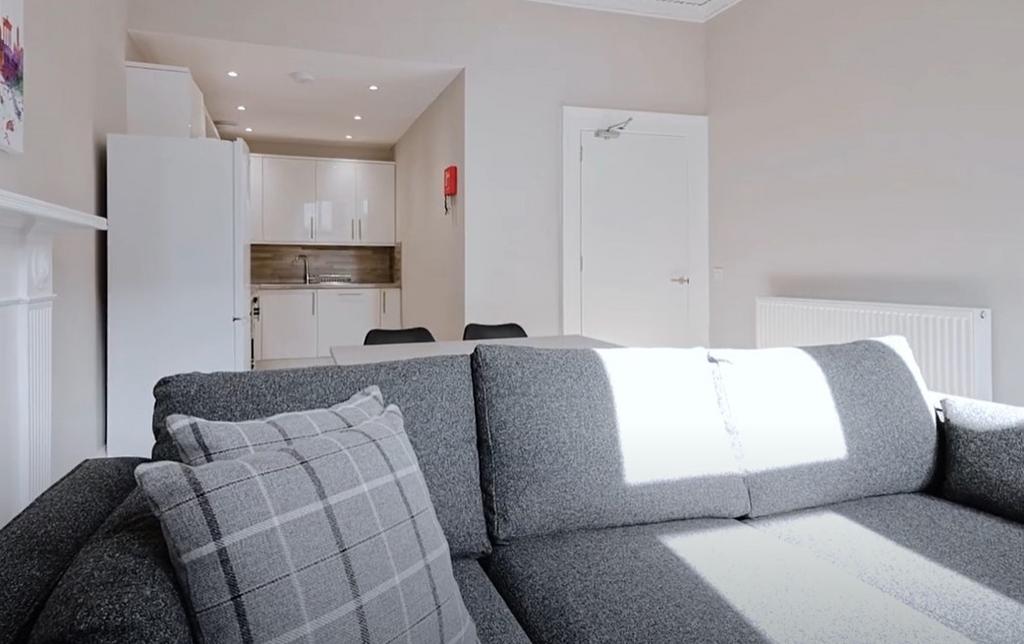 A cozy living room featuring a modern sofa, amp...
