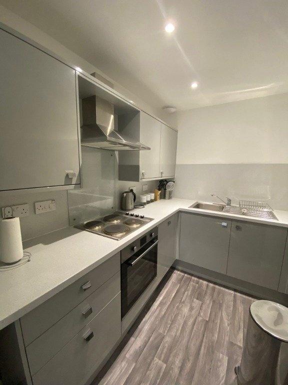 A modern kitchen featuring sleek grey cabinetry...