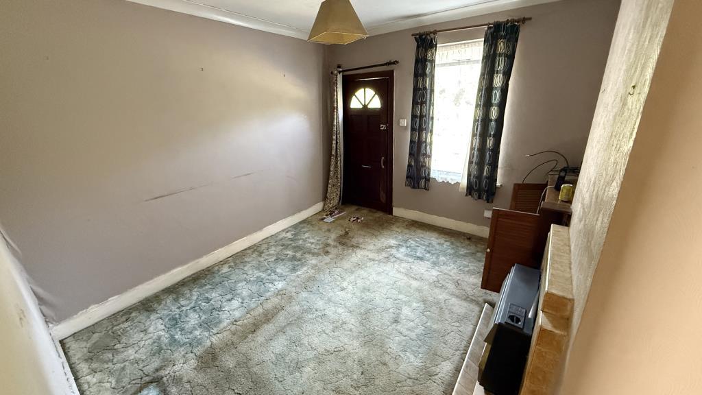 Interior image of living room from dining room ent