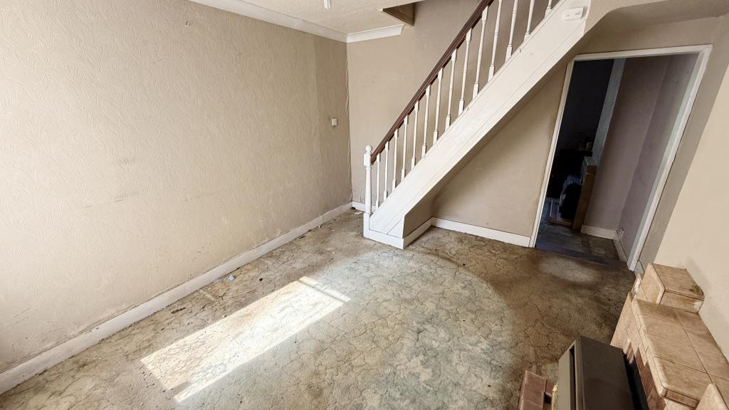 Interior image of dining room from kitchen