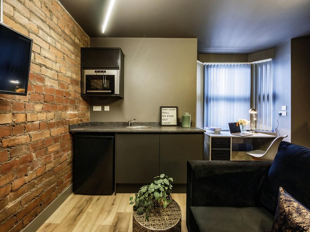 A contemporary living space featuring a stylish...