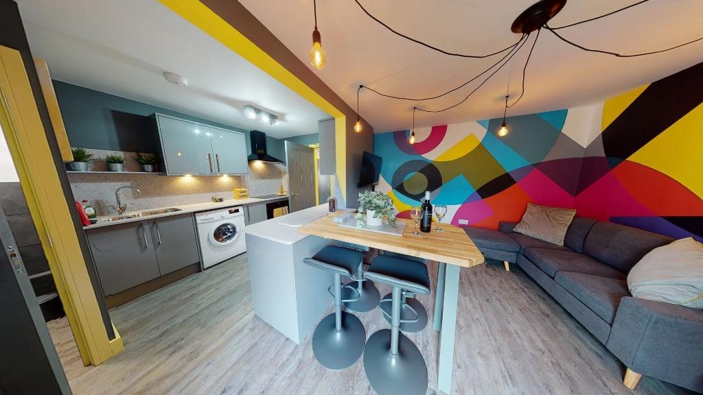 A vibrant and modern living room featuring a co...
