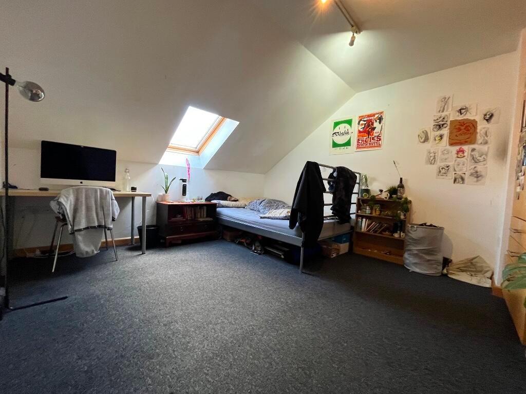 Cozy attic bedroom featuring a skylight that pr...