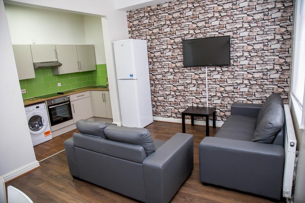This contemporary living room features a stylis...