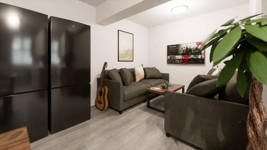 This inviting living room features sleek modern...