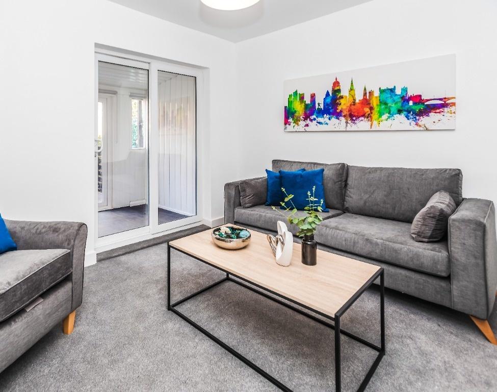 Stylish and inviting living room featuring mode...