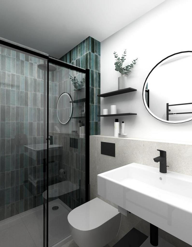 A modern bathroom featuring a shower, clean lin...