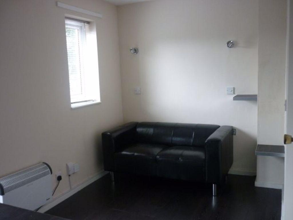 A compact living room featuring a modern black ...