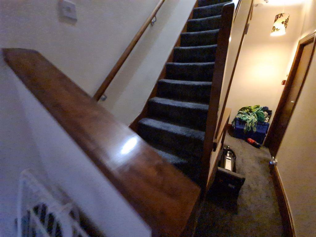 A narrow hallway with a carpeted staircase and ...