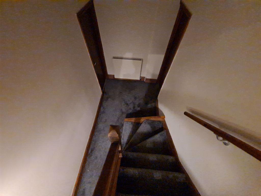 A narrow staircase with carpeted steps and wood...