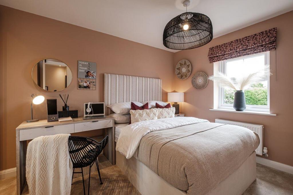 Double bedroom with pink walls, a dressing...