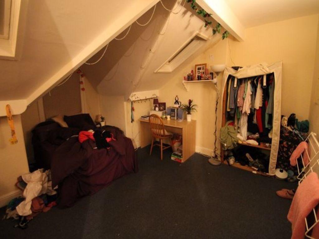 A cozy attic room with slanted ceilings featuri...