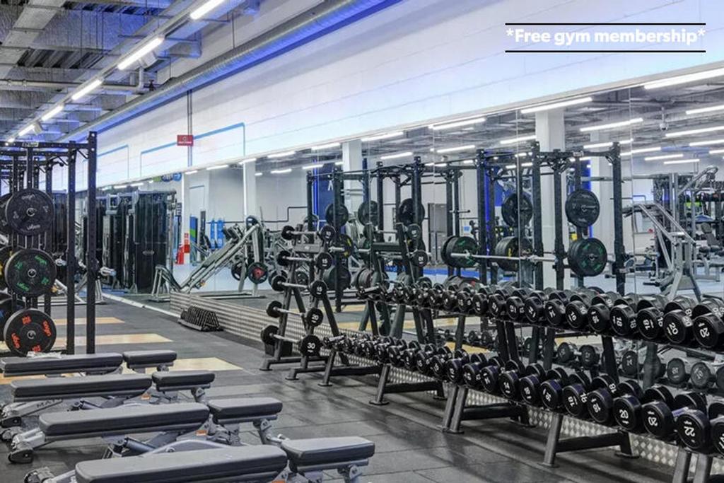 A modern gym space featuring a variety of worko...