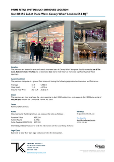 Retail property (high street) to rent, Cabot Place W London E14 4QT