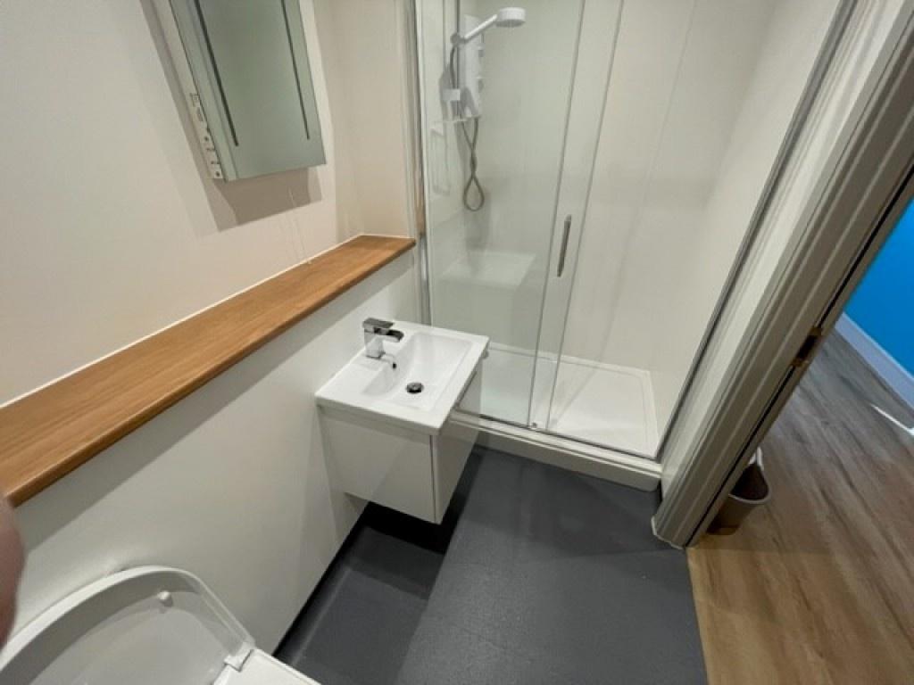 Modern bathroom featuring a sleek walk-in showe...