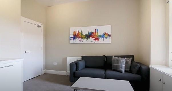A bright and tidy living room featuring a moder...