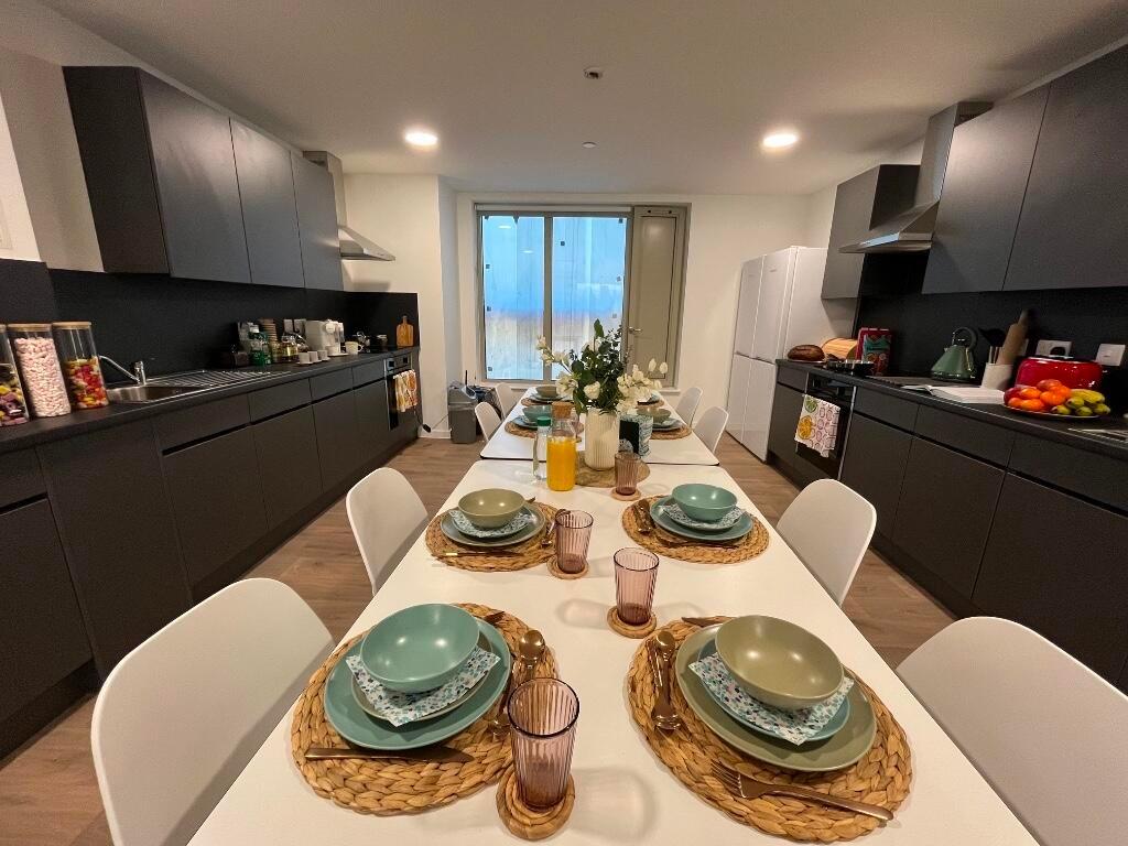 A modern and well-equipped kitchen featuring sl...