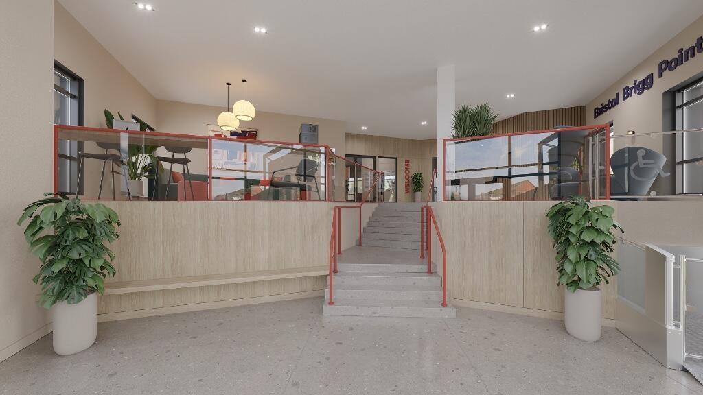 A clean and well-lit reception area featuring m...