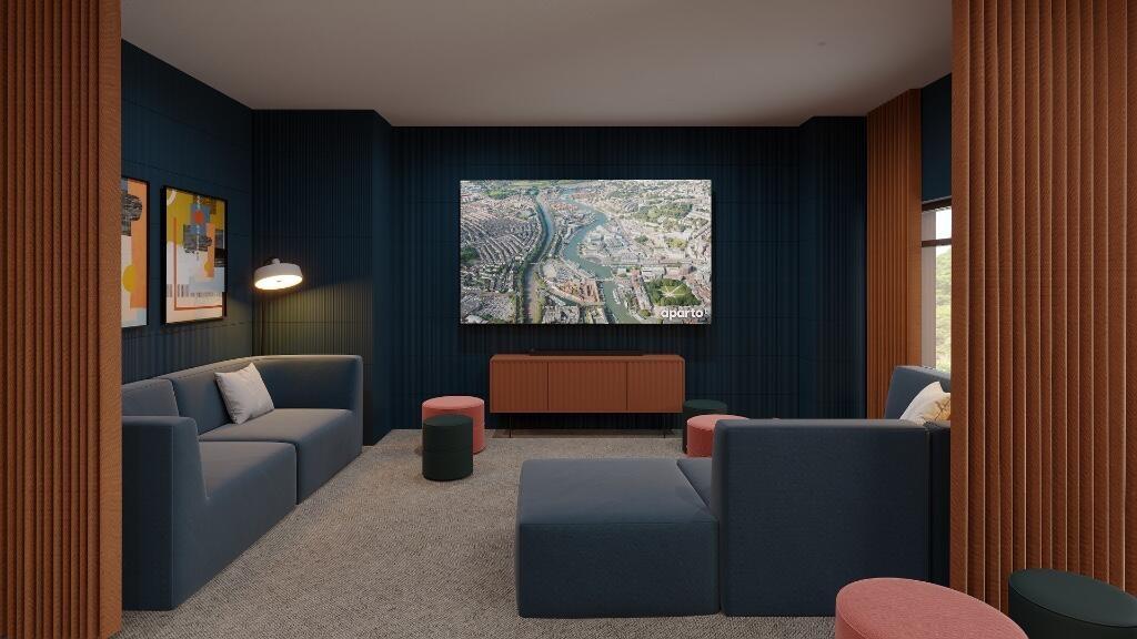 A stylish, modern cinema room featuring comfort...