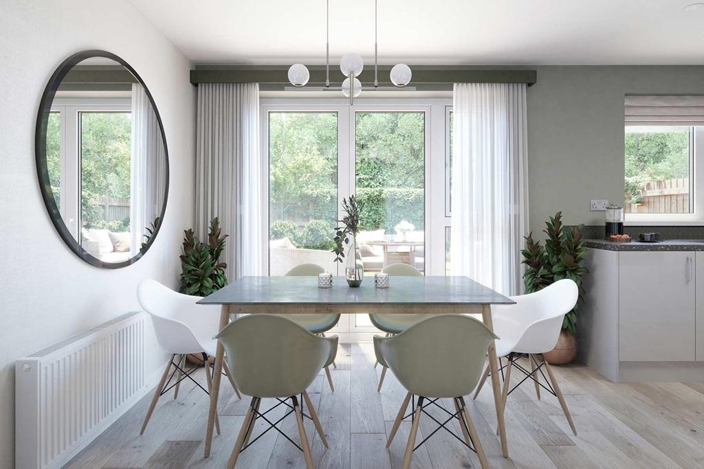 The dining area is bright and airy