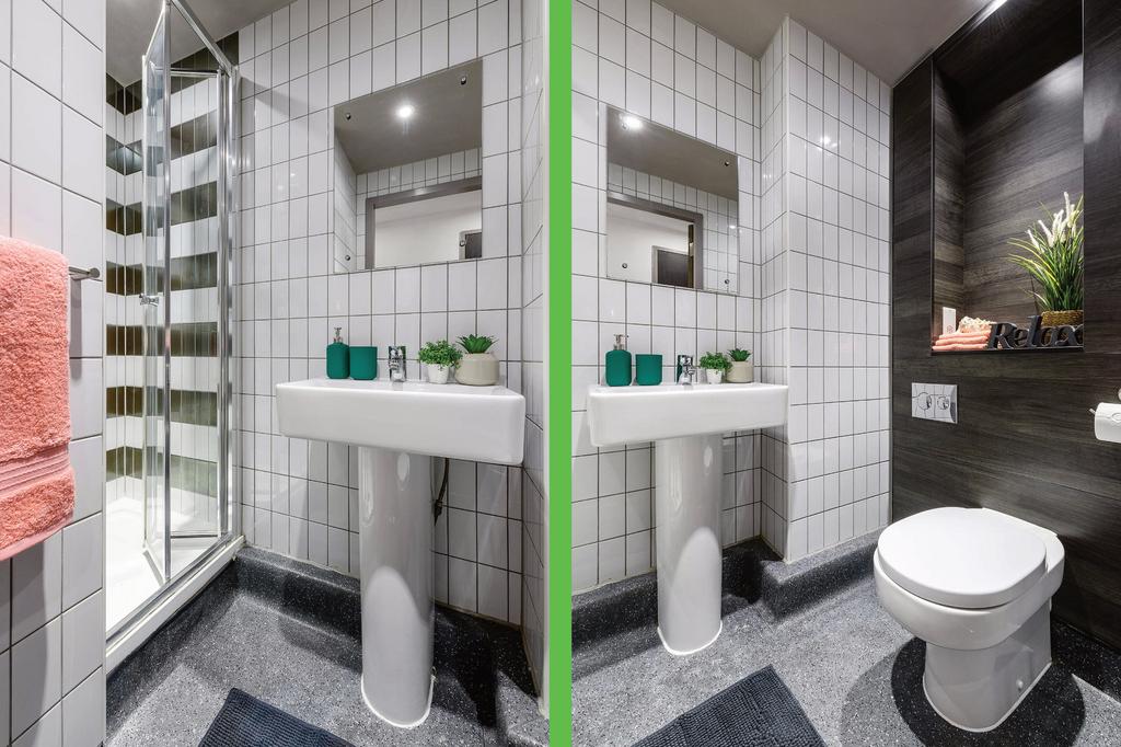 A modern and stylish bathroom featuring a sleek...