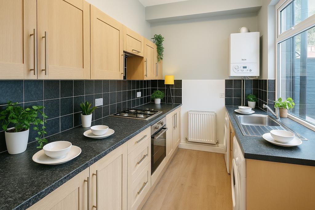 A bright and modern galley kitchen featuring li...