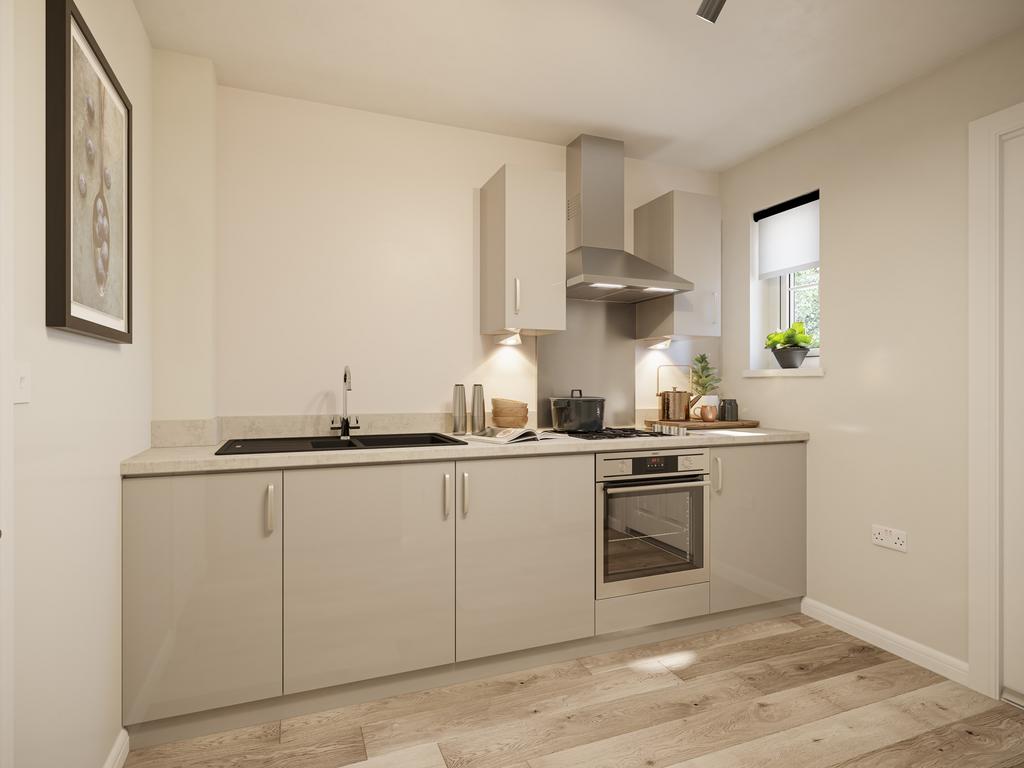 Inside view of modern popley kitchen cgi