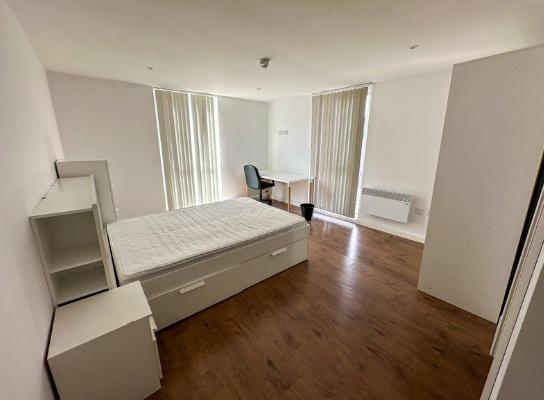 Bright and spacious master bedroom featuring a ...