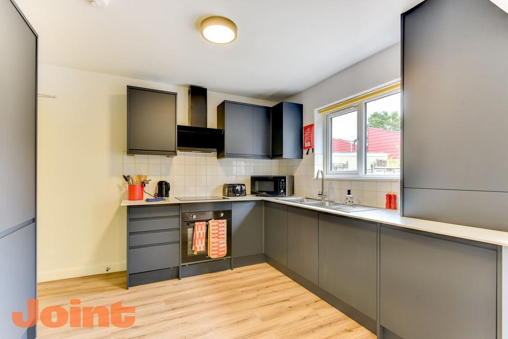 Bright, modern kitchen with sleek charcoal cabi...