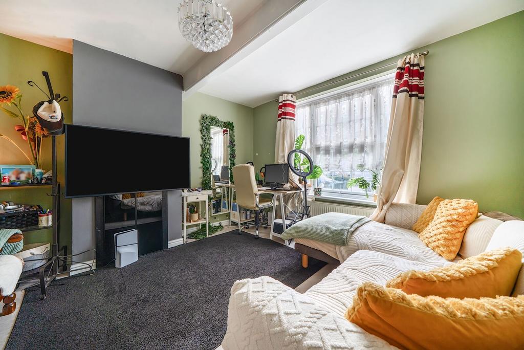 Open-plan living area, fireplace