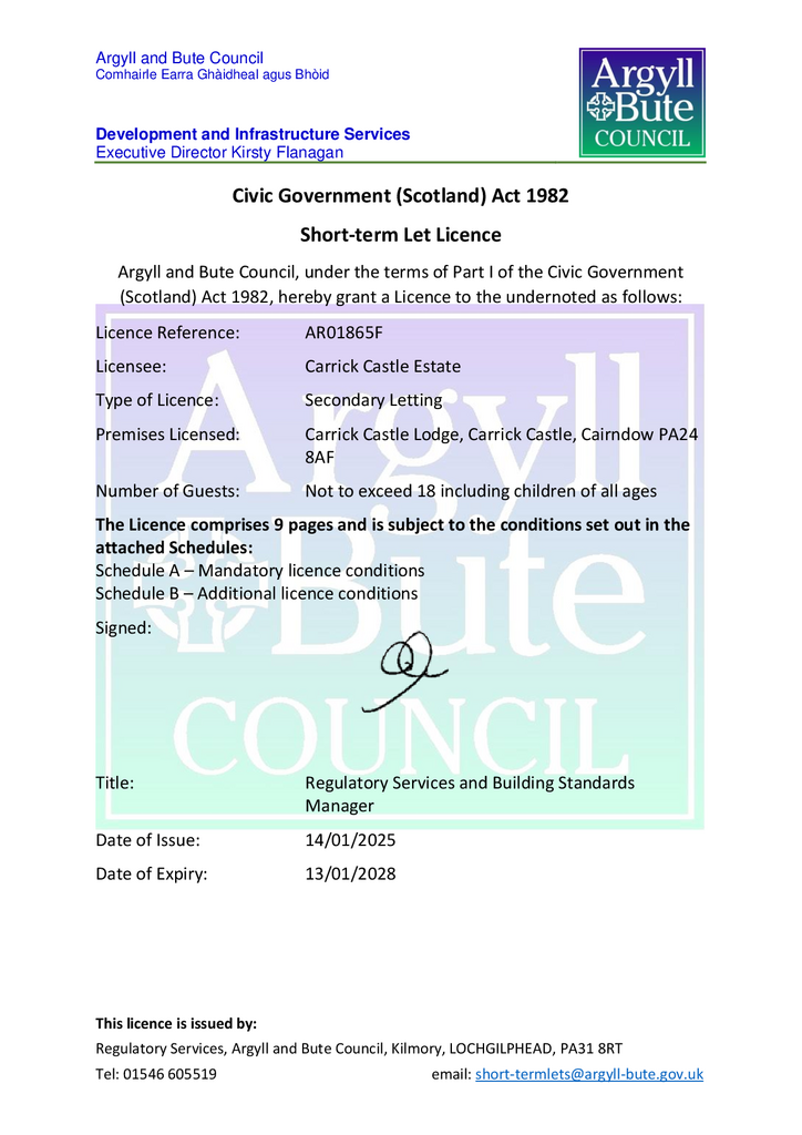 STL Licence AR01865 F, Carrick Castle Lodge, Carric
