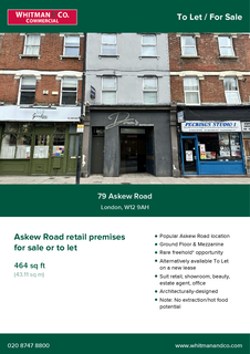 Retail property (high street) to rent, 79 Askew Rd London W12 9AH
