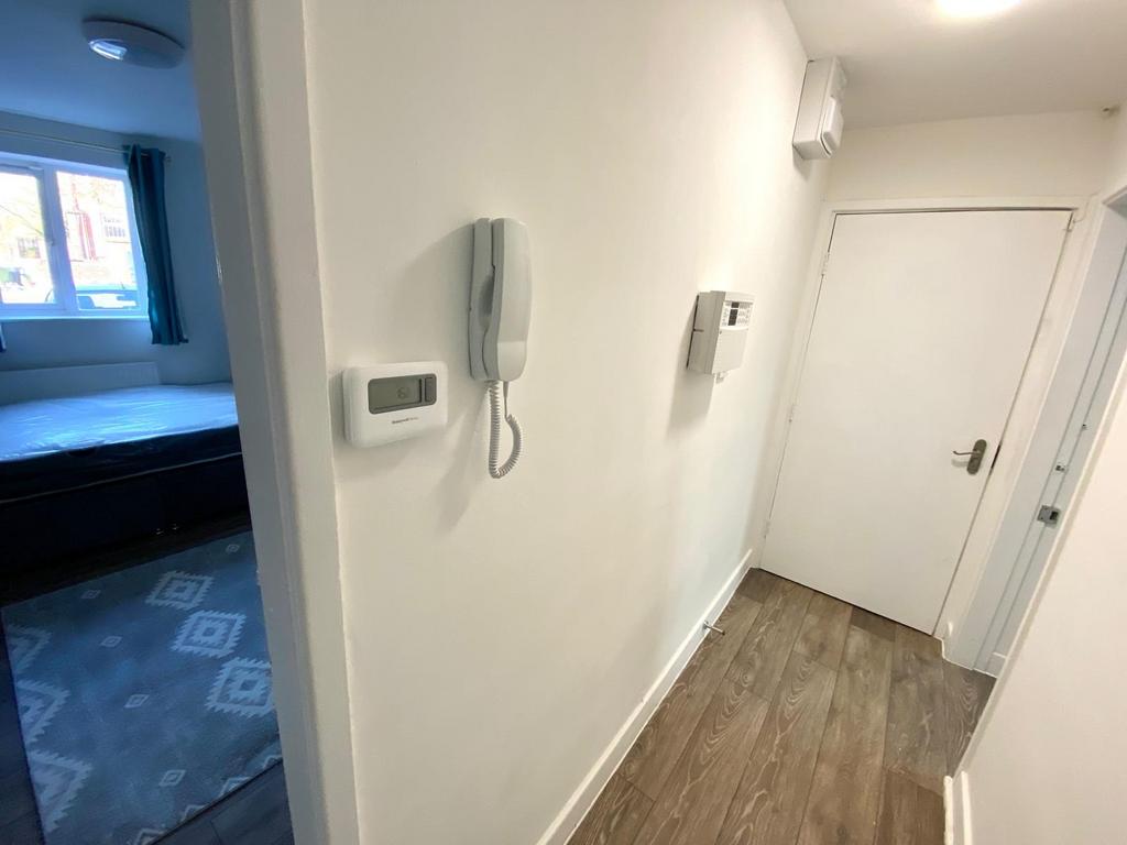 Clean, modern hallway with wood-effect flooring...