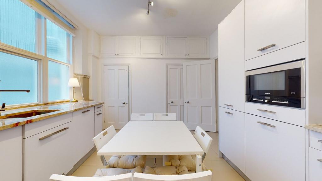 A modern and clean kitchen with white cabinetry...