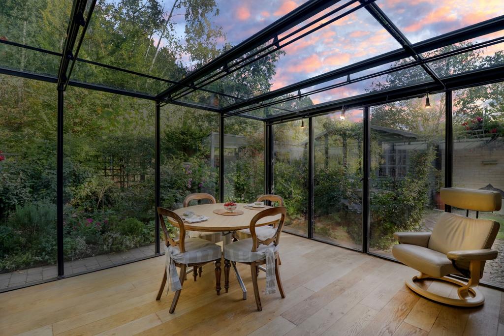 Kitchen and dining room at dusk
