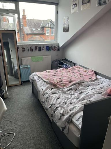 A cozy bedroom featuring a bed with a pink blan...