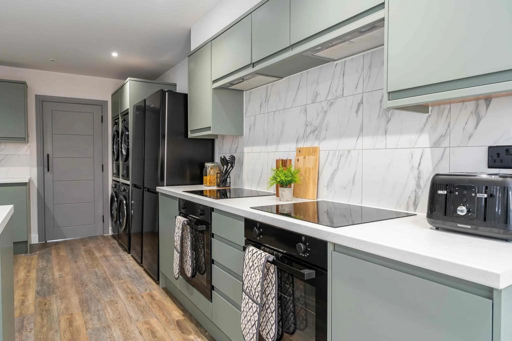 Modern and sleek kitchen with green cabinetry, ...
