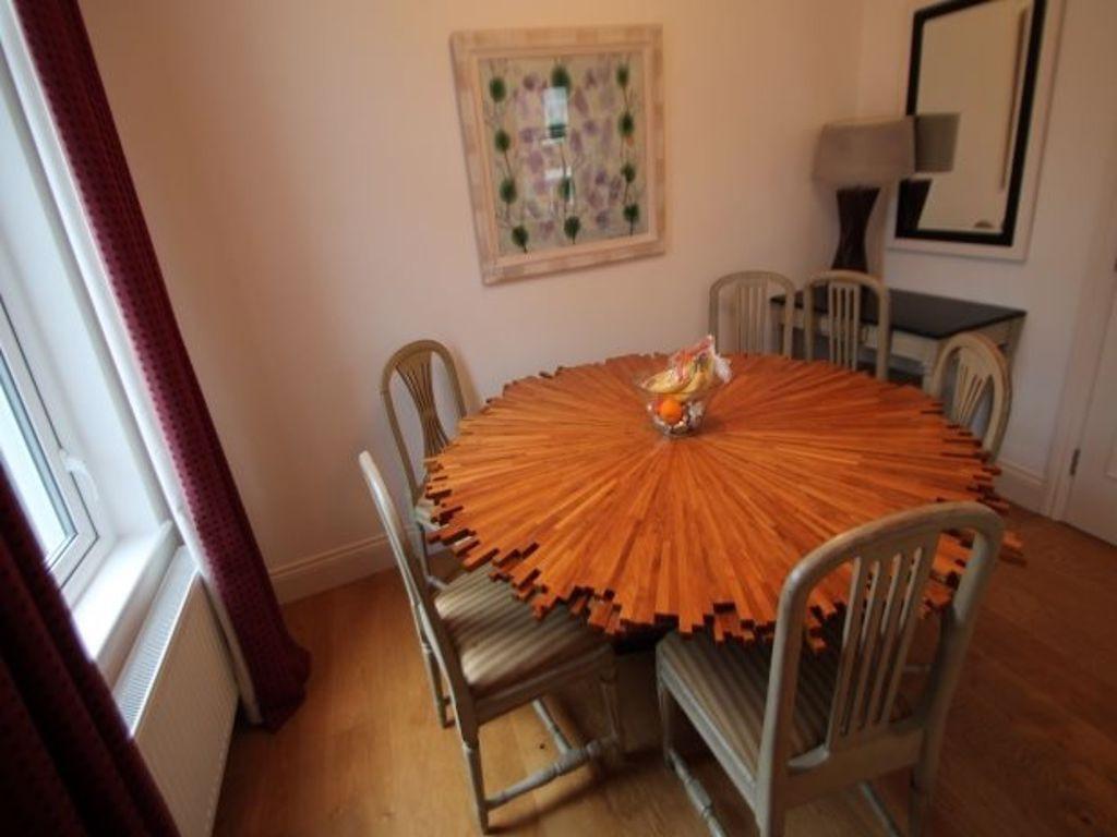A cozy dining area featuring a round table with...