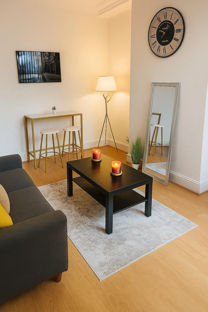 Modern and cozy living room featuring a sleek b...